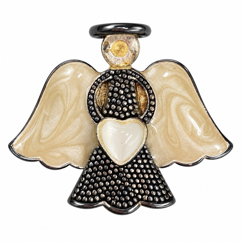 Vintage Signed Premier Designs Heavenly Angel Enamel Heart Brooch Pin
